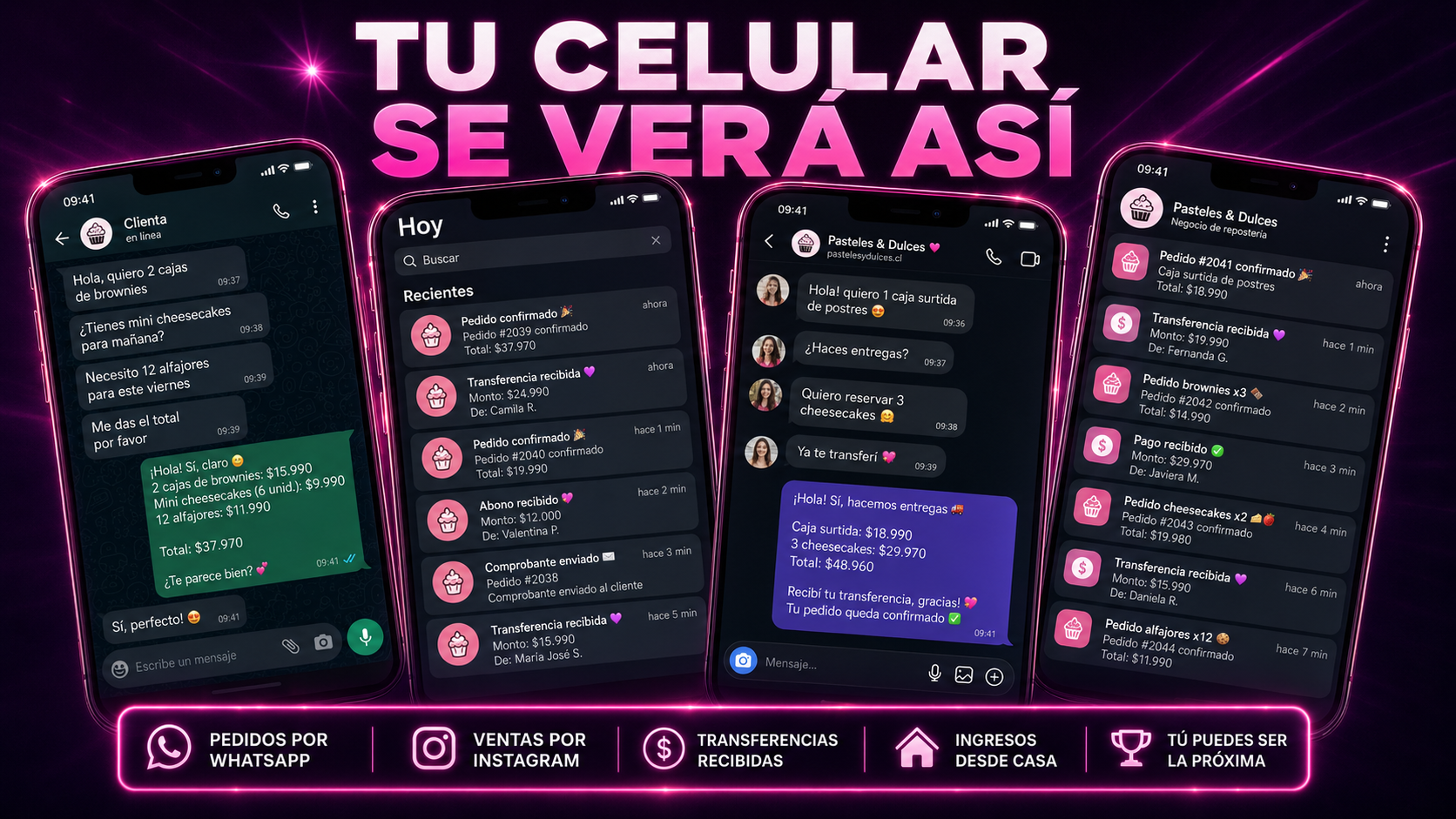 Celulares mostrando notificaciones de pedidos de postres y pagos recibidos