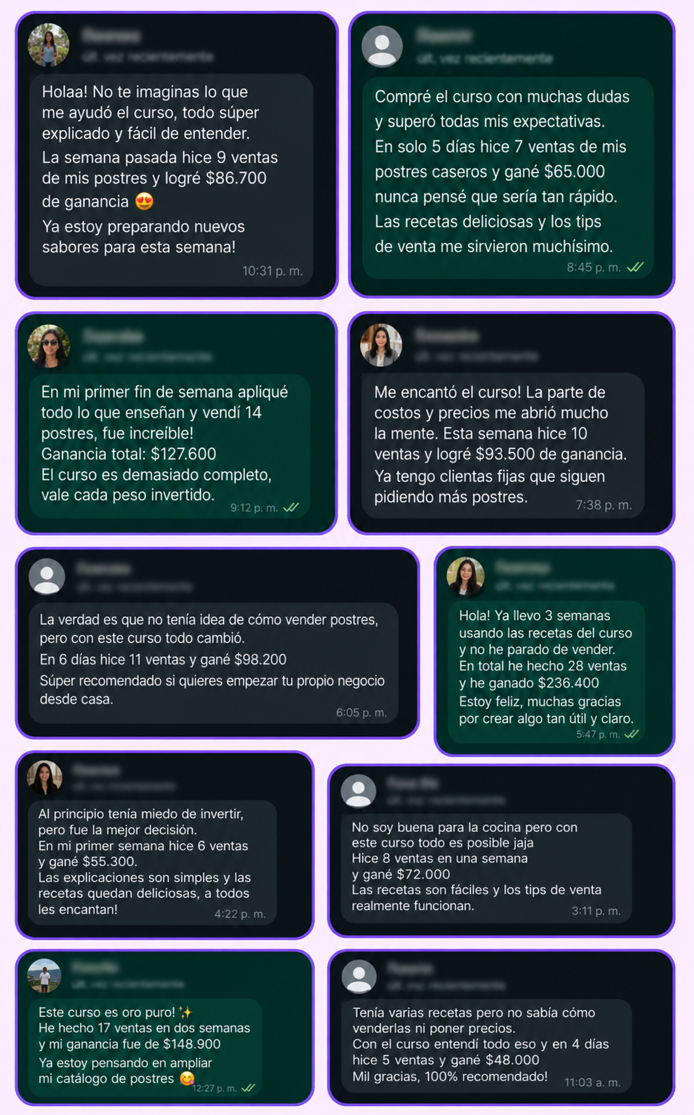 Testimonios de clientas por WhatsApp