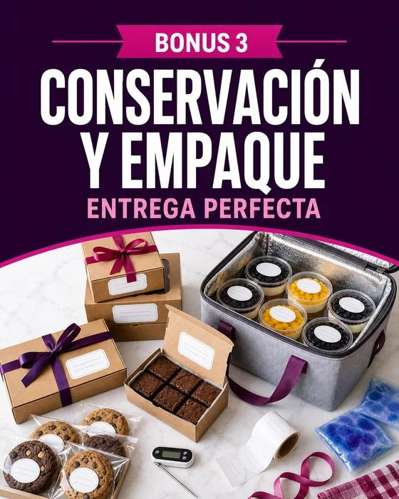 Portada del bono de conservación y empaque con postres, cajas y un bolso térmico
