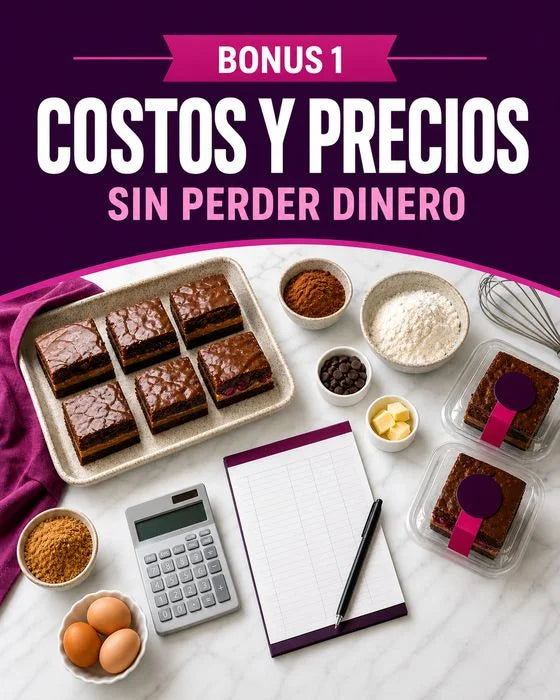 Portada del bono de costos y precios con brownies, calculadora y libreta para registrar costos