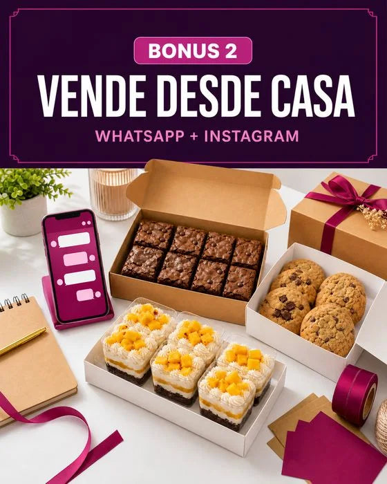 Portada del bono para vender desde casa con postres empacados y un teléfono con mensajes