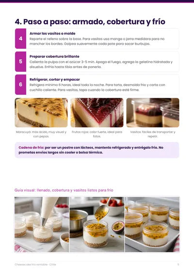 Página real con el armado, la cobertura y el tiempo de frío del cheesecake