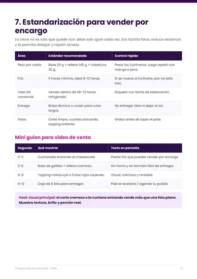 Página real con estandarización, conservación y un guion para ofrecer el cheesecake