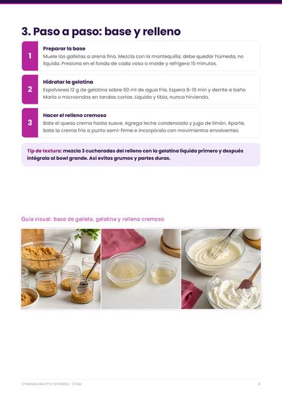 Página real con el paso a paso para preparar la base y el relleno del cheesecake
