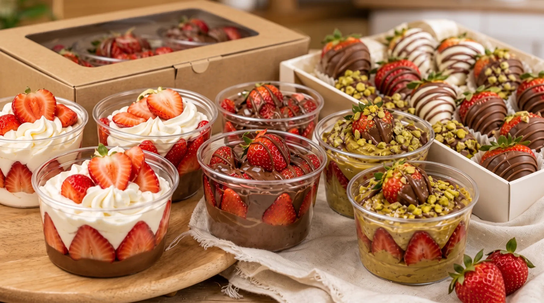 Fresas con crema, chocolate y pistacho presentadas en vasitos y cajas