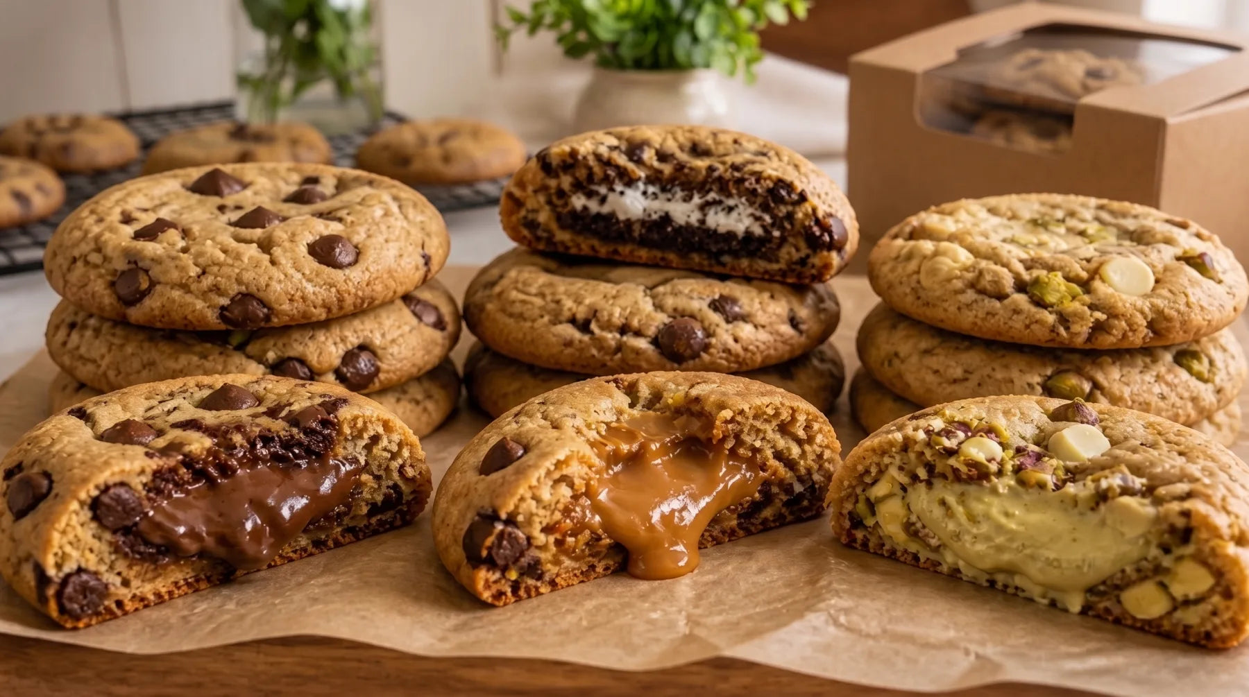 Galletas estilo Nueva York grandes, rellenas de chocolate, caramelo y pistacho