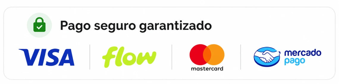 Pago seguro garantizado con Visa, Flow, Mastercard y Mercado Pago