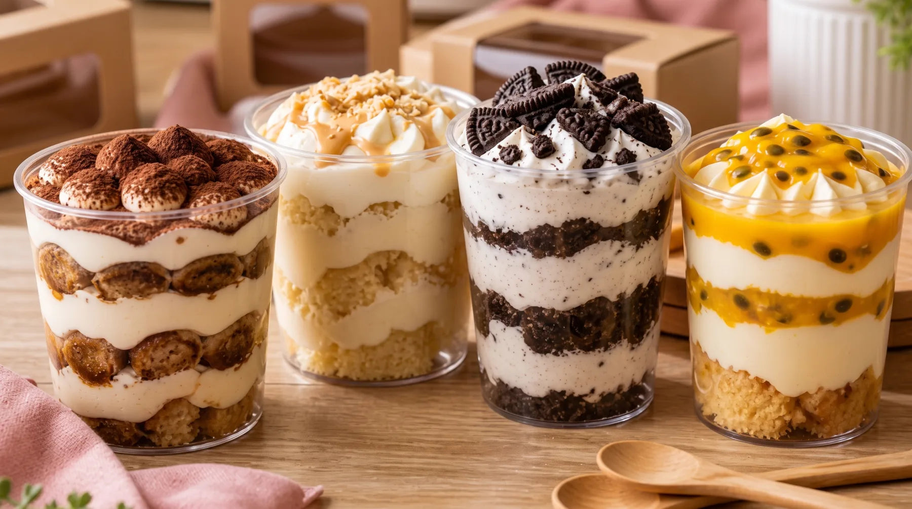 Postres en vasito con distintas capas y sabores